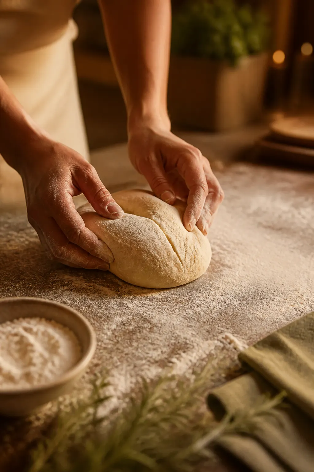 Hands shaping fresh bread