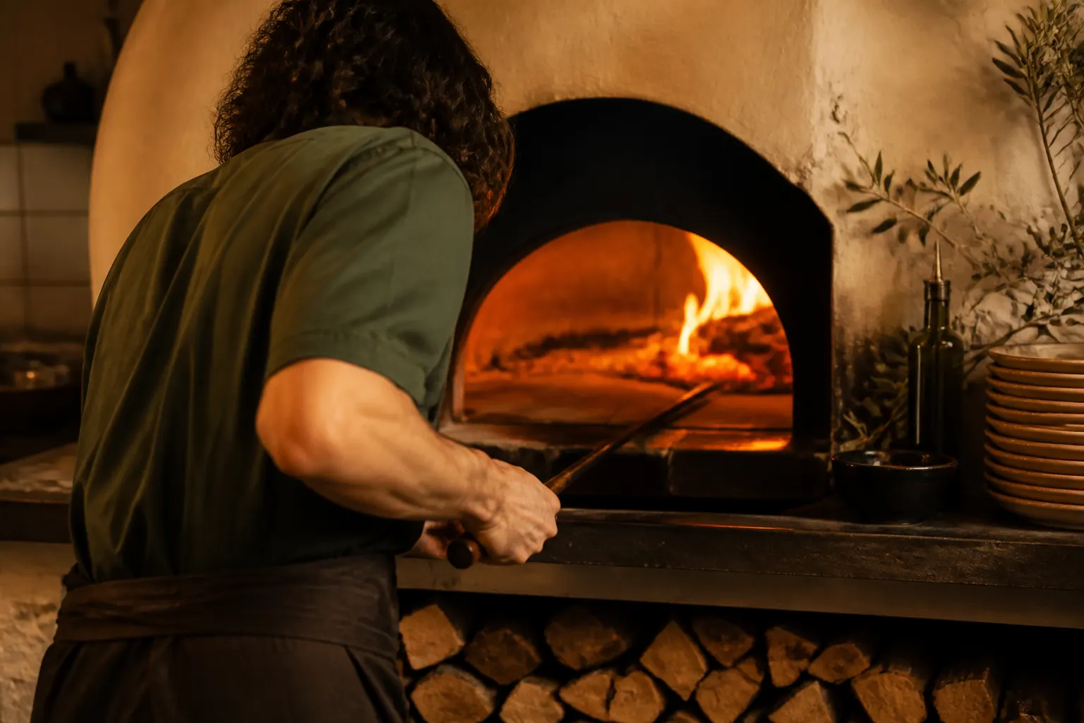 Chef tending the wood oven