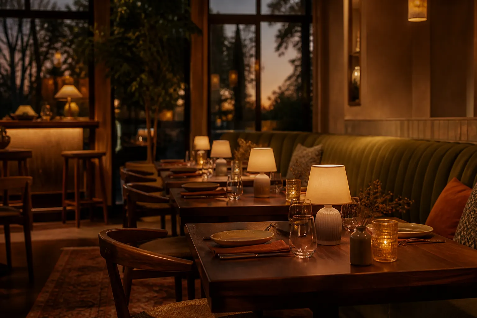 Ember & Olive dining room glowing at dusk