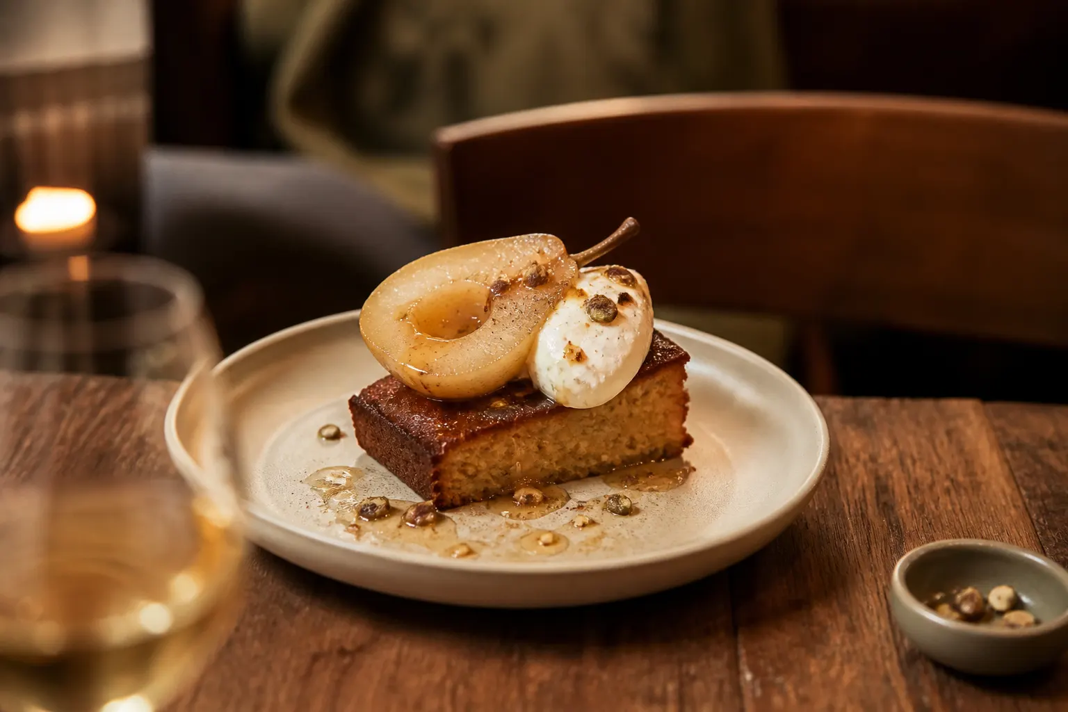 Olive oil cake with pear and cream