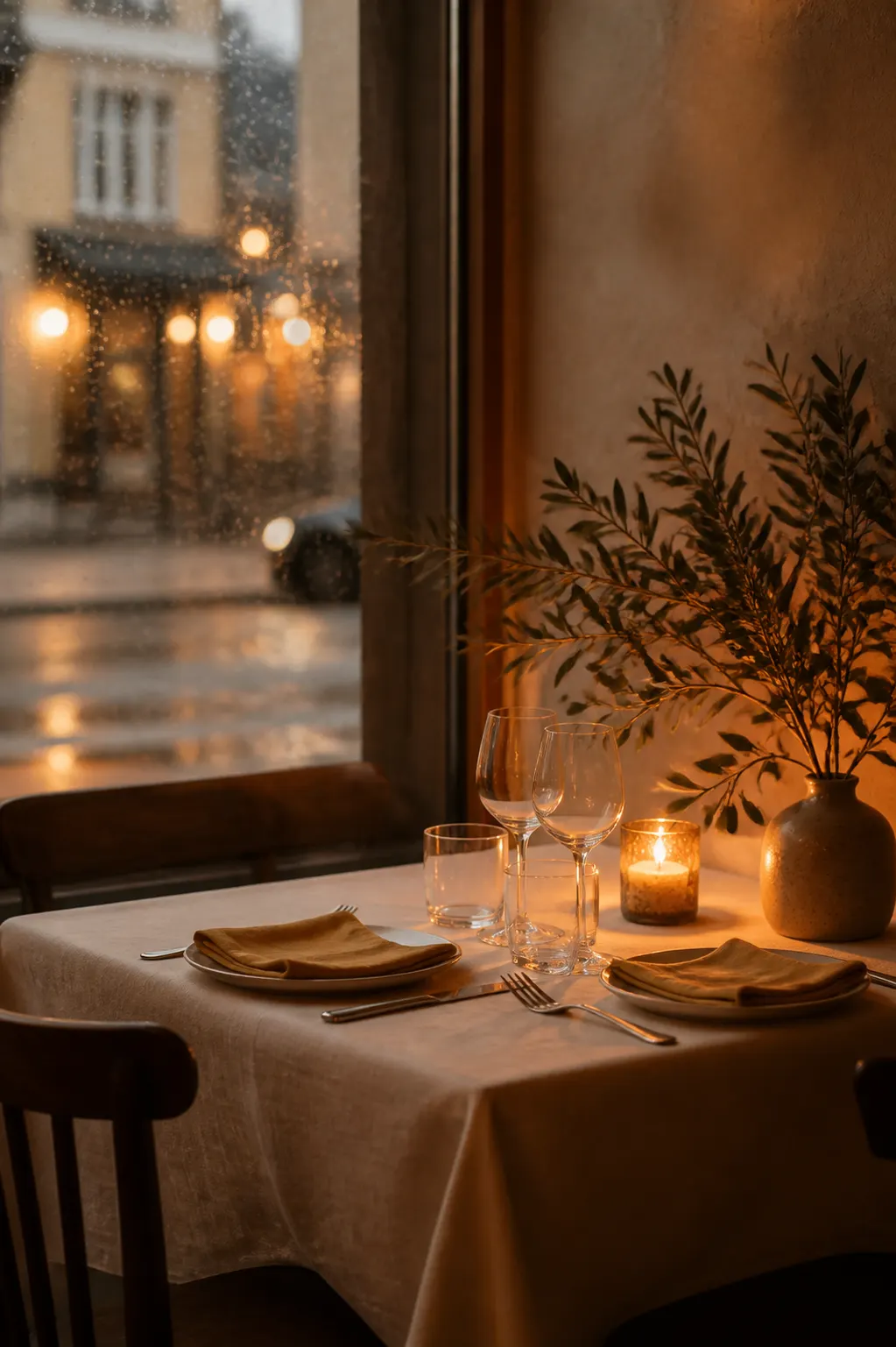 A table beside a rain-streaked window