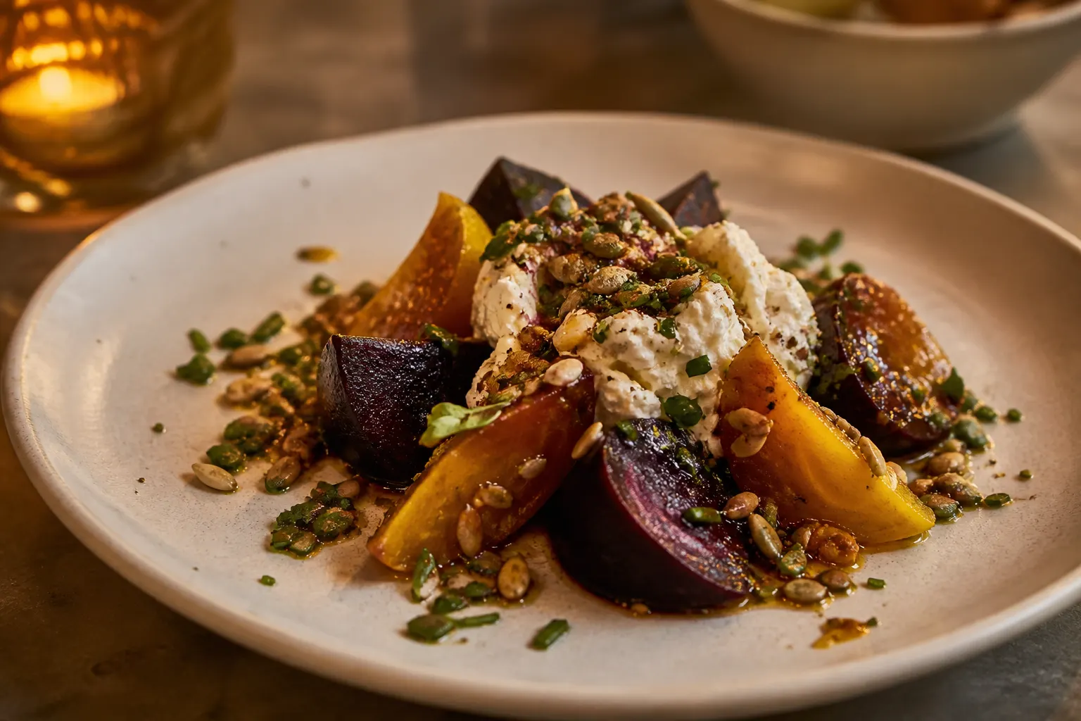 Roasted beets with cultured cheese