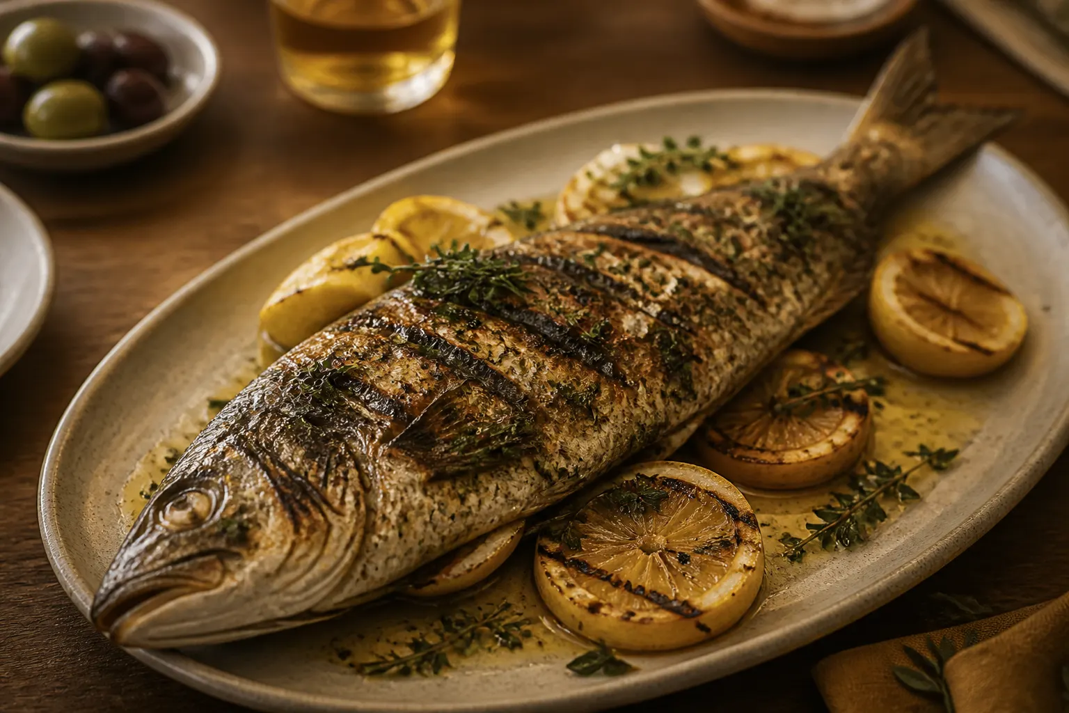 Whole fish with grilled lemon and herbs