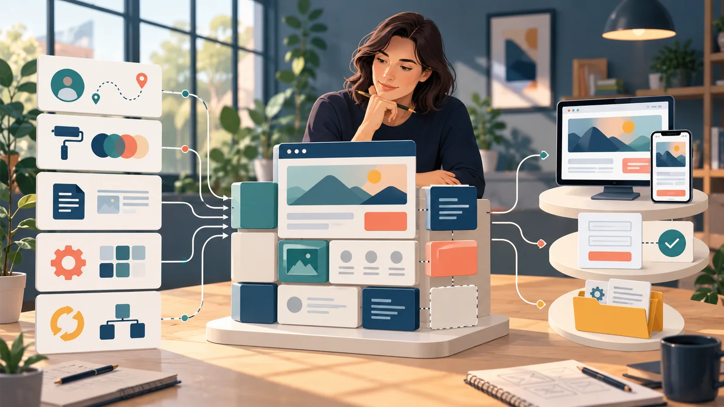 A business owner connects customer, brand, content, feature and operating requirements to a modular website build, then checks responsive views, a form and handover evidence.