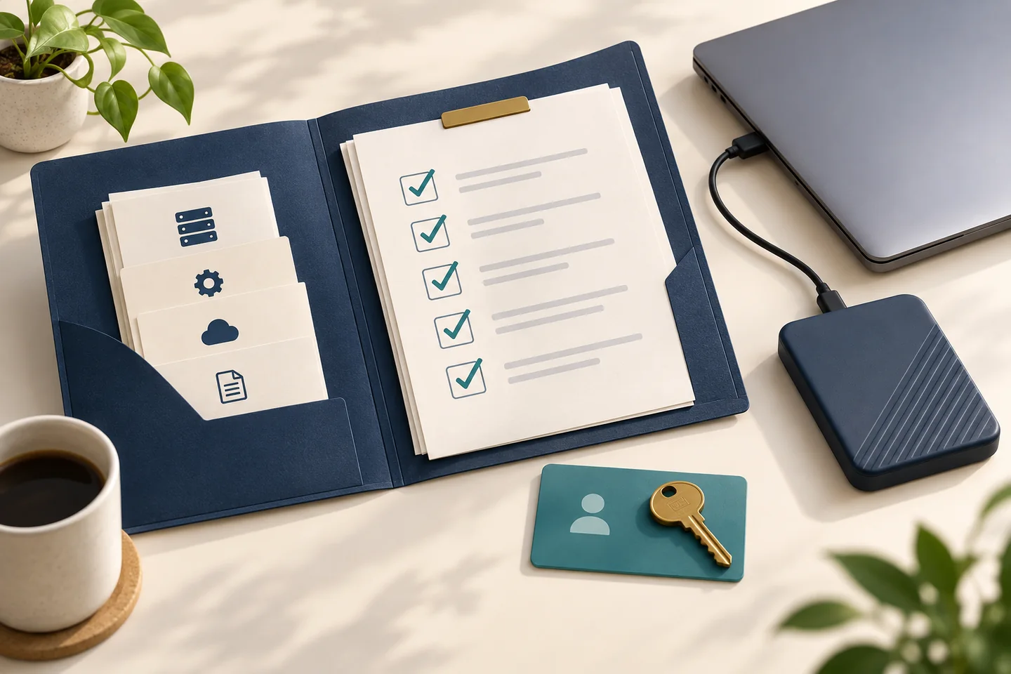 Conceptual illustration of a handover folder, account key and separate backup drive.