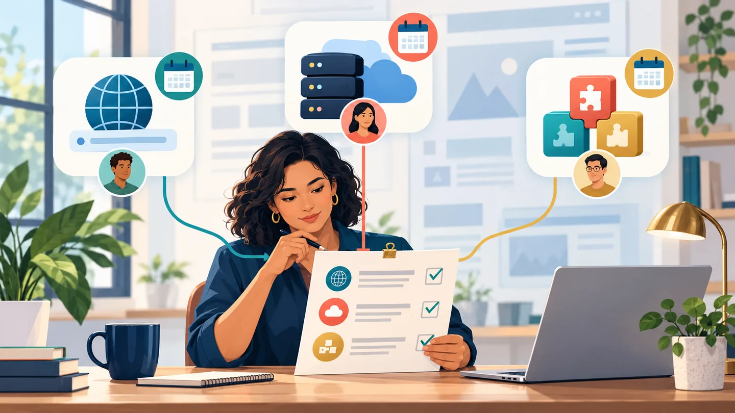 A business owner reviews one checklist connected to separate domain, hosting and WordPress extension renewal calendars.